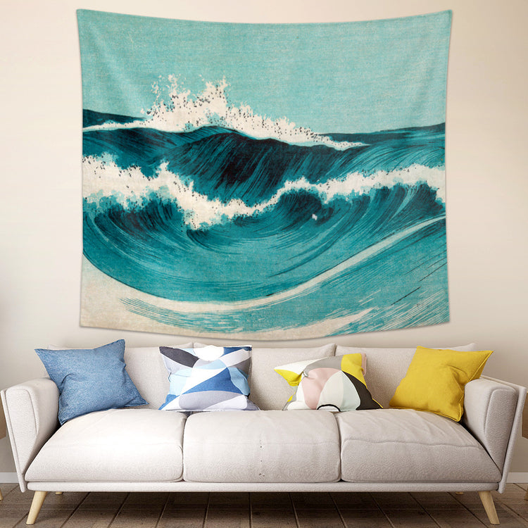 Ukiyo-e Wave tapestry by AquaHaven Decor featuring vibrant ocean waves for home wall decoration and art display.