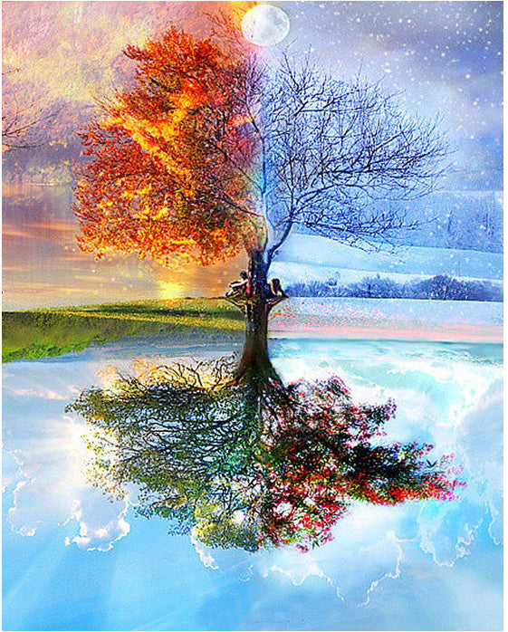 "Tree Reflection Oil Painting Decorative Artwork"