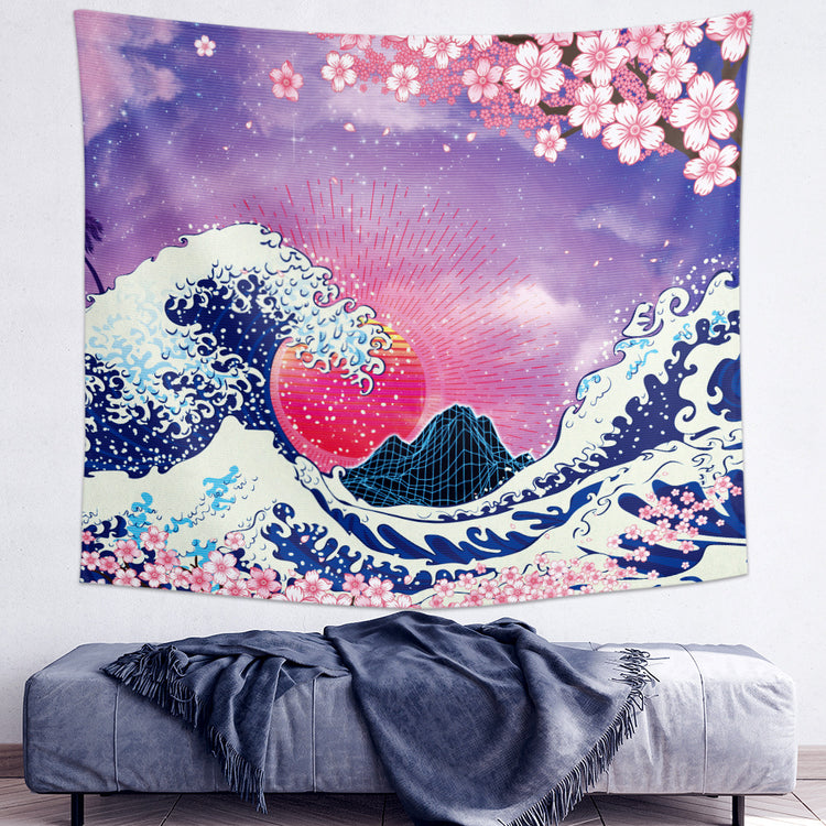 AquaHaven Decor wave wall tapestry featuring a traditional Ukiyo-e style ocean wave design for home wall art decoration.