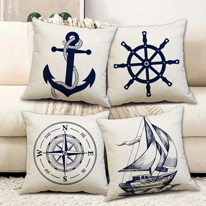 Nautical Throw Pillow Covers — Pirate Ship & Anchor Coastal Decor