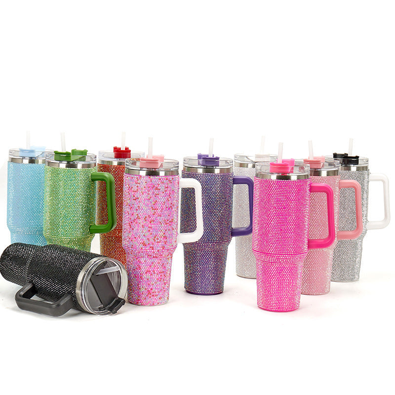 40oz Handle Cup with Rhinestones - Stainless Steel Tumbler