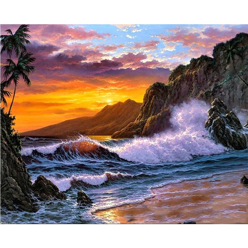 Ocean Themed Digital Oil Paintings of Waves and Rocks