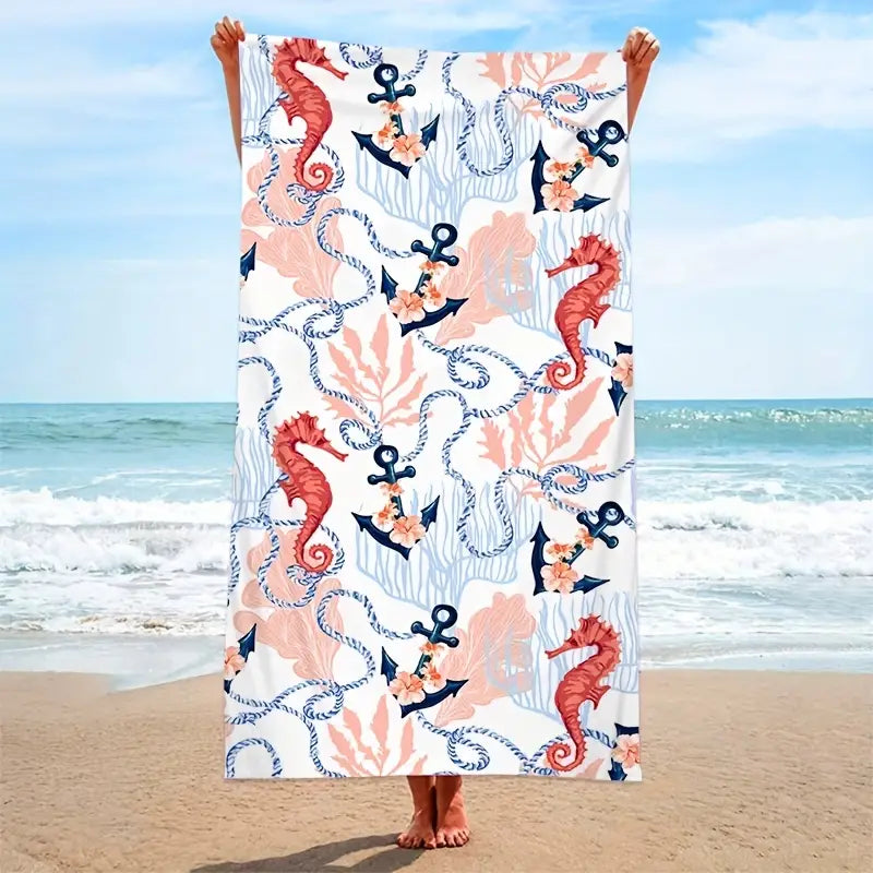 Oversized Seahorse Anchor Print Microfiber Beach Towel
