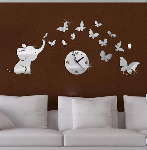 3D Elephant Butterfly Mirror Wall Clock Decor