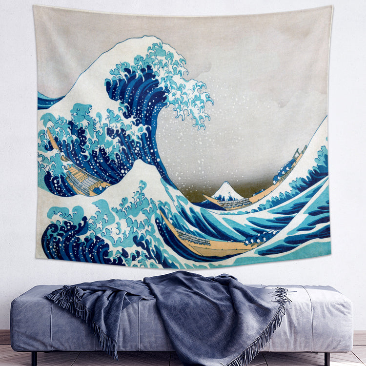 AquaHaven Decor wave wall tapestry featuring a vibrant Ukiyo-e style ocean wave design for home wall art decoration.