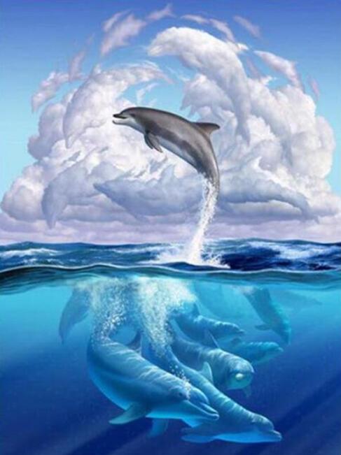 Dolphin diamond painting kit from AquaHaven Decor featuring ocean-themed wall art for home or Airbnb decor.