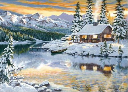 Diamond Painting of Snowy Scene and Cottage