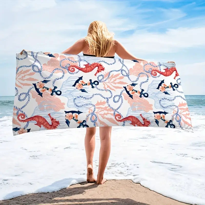 Oversized Seahorse Anchor Print Microfiber Beach Towel