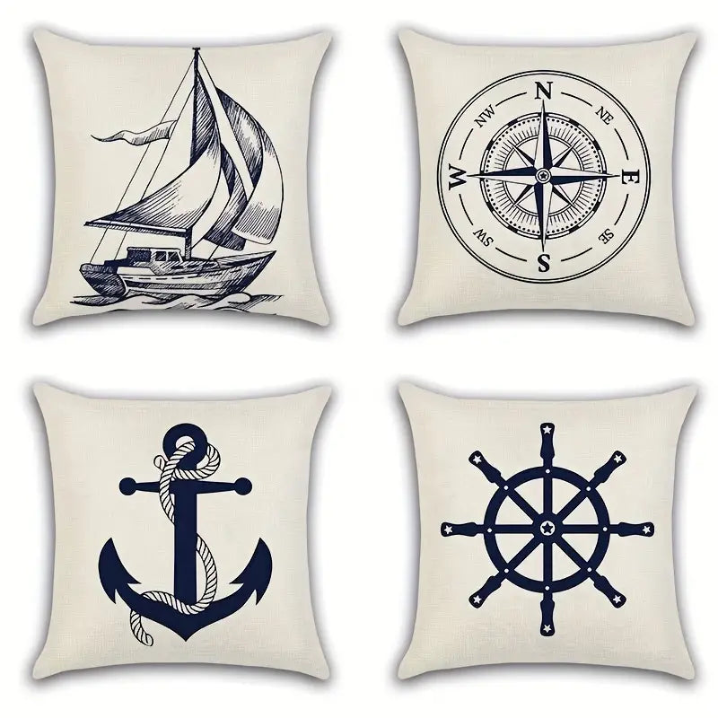 Nautical Throw Pillow Covers — Pirate Ship & Anchor Coastal Decor