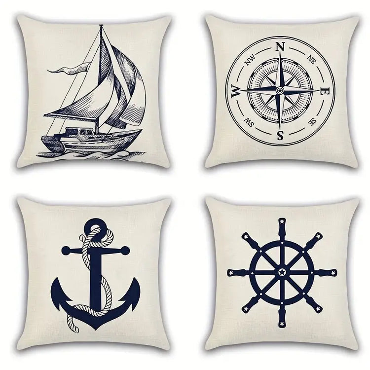 Nautical throw pillow cover featuring pirate ship and anchor designs, coastal decor by AquaHaven Decor.