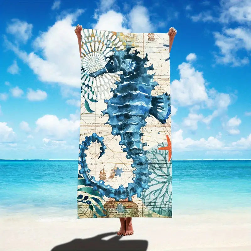 Seahorse Pattern Quick Dry Beach Towel, 59.1x27.6in
