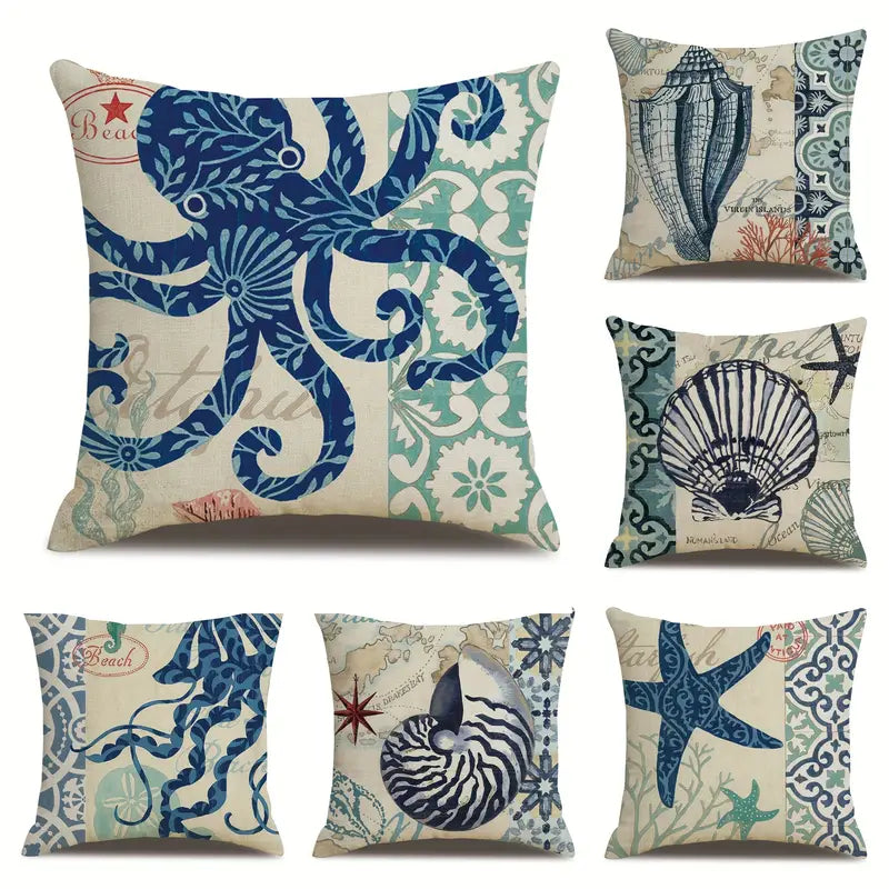Ocean Theme Throw Pillow Cover — Coastal Decor for Home & Airbnb