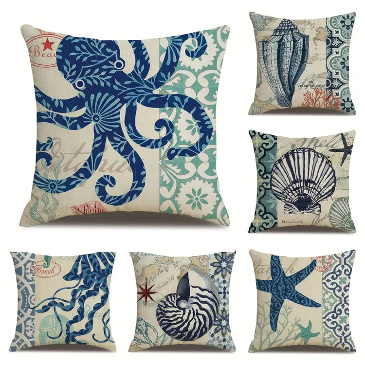 AquaHaven Decor ocean-themed throw pillow cover with coastal blue waves and seashell design for home or Airbnb decor.