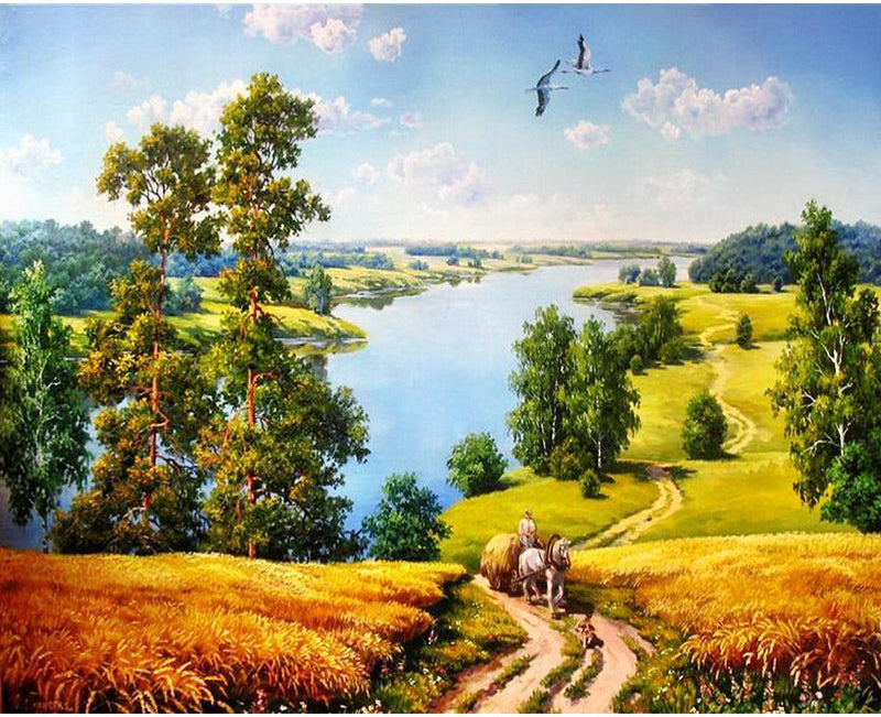 AquaHaven Decor landscape oil painting depicting a country pathway through lush greenery and vibrant foliage.
