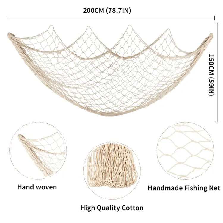 AquaHaven Decor nautical fishing net wall decor with seashells, perfect for coastal home or Airbnb interior decoration.