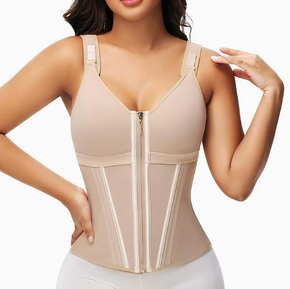 Mesh waist slimming three-breasted shapewear corset from My Store, showing a close-up of the black, breathable fabric and three-breasted design.