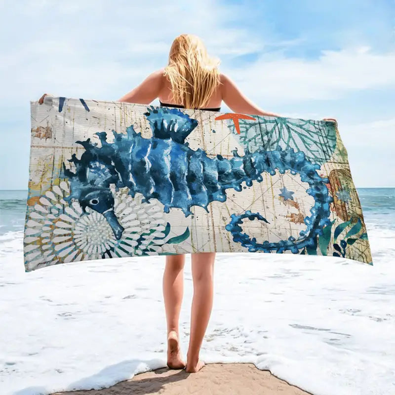Seahorse Pattern Quick Dry Beach Towel, 59.1x27.6in