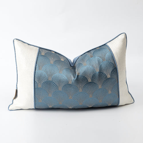 Blue and white patchwork cushions for sofa decor by AquaHaven Decor, featuring vibrant fabric patterns and plush comfort.