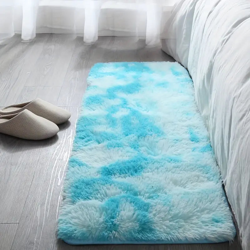 Soft fluffy shaggy rug by AquaHaven Decor, perfect for bedroom or living room, with plush texture and cozy appearance.
