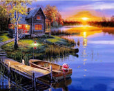 AquaHaven Decor sunset landscape oil painting featuring vibrant warm colors, perfect for enhancing home decor.
