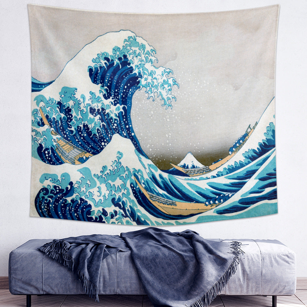 AquaHaven Decor wave wall tapestry featuring a traditional Ukiyo-e style ocean wave for home wall art decoration.