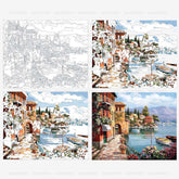 Digital landscape painting of a harbor scene by AquaHaven Decor, featuring boats, water, and coastal scenery for DIY paint by numbers art