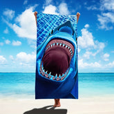 AquaHaven Decor oversized shark beach towel with quick-dry microfiber, featuring a fun shark design for beach, pool, or travel use.