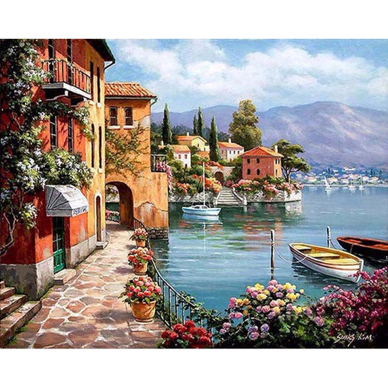 Paint by numbers harbor scene digital landscape painting by AquaHaven Decor showing a tranquil harbor with boats and shoreline details.